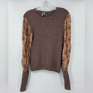 Blank London Elegant Brown Long Sleeve Women's Top with Patterned Sleeves Size S